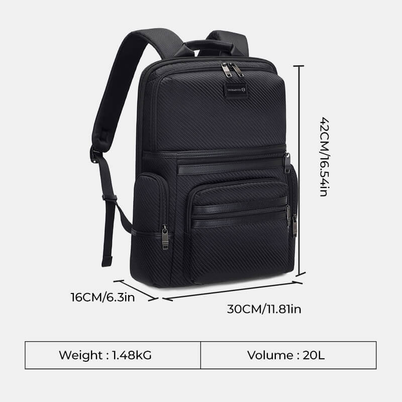 Black backpack with measurements and specifications on a white background