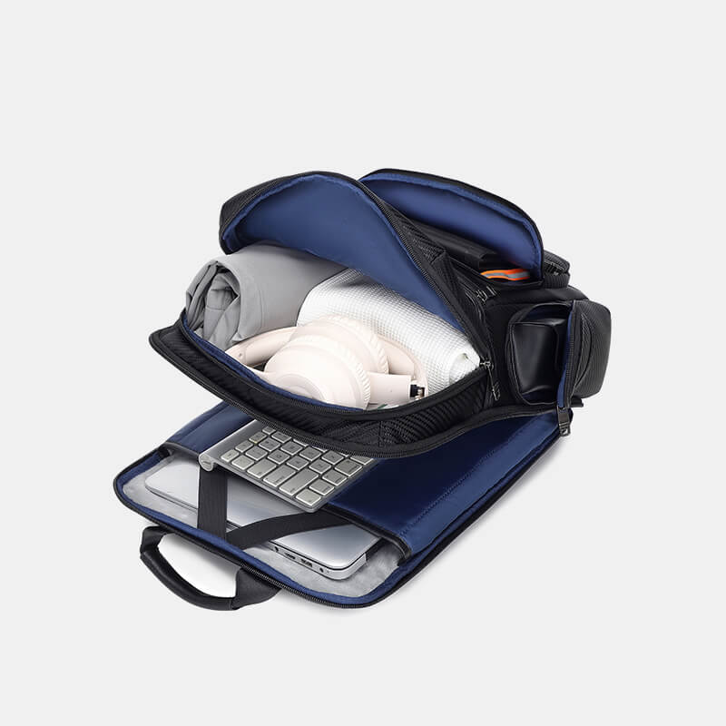 Blue backpack with laptop compartment on a white background