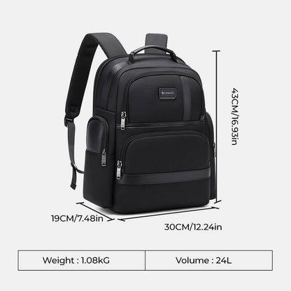 Black backpack with measurements and weight/volume details on a white background