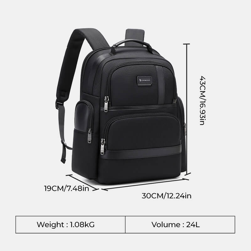 Black backpack with measurements and weight/volume details on a white background