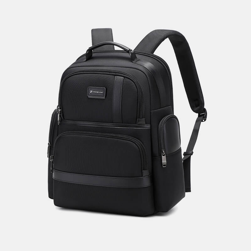 Black backpack with a visible brand logo on a light gray background