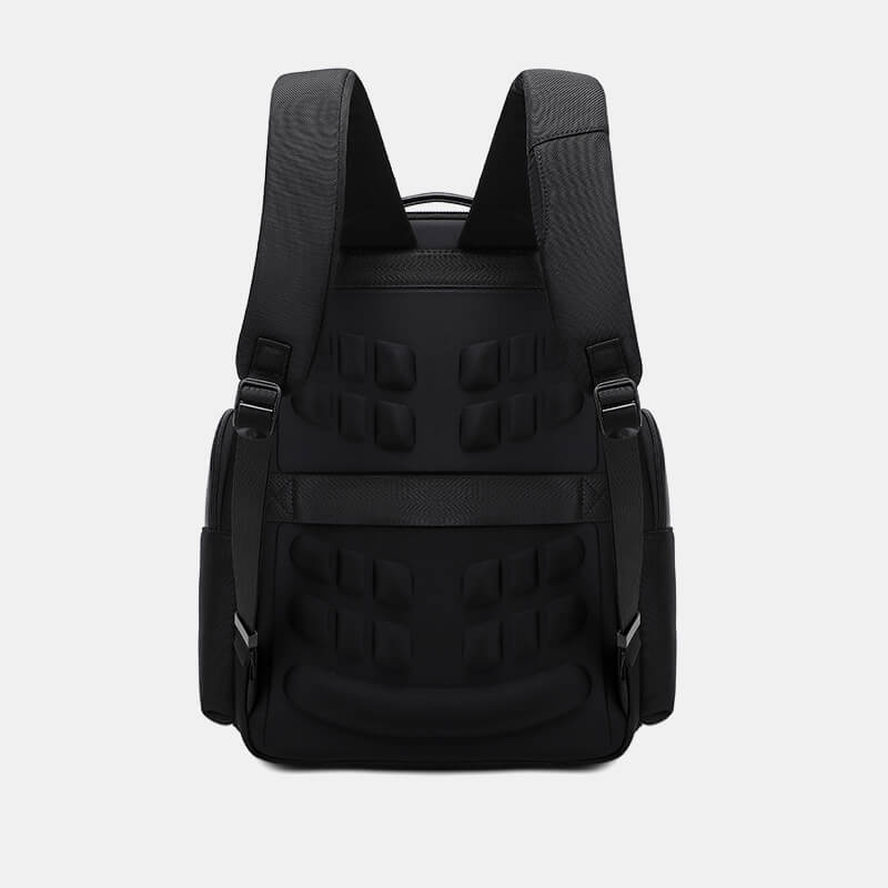 Black tactical backpack on a light gray background