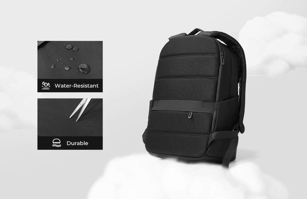 Black backpack with water-resistant feature on a white background