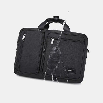 Black briefcase with water splashing onto it on a light gray background