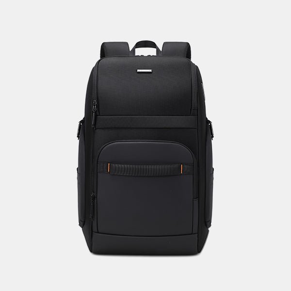 Black backpack on a light gray background