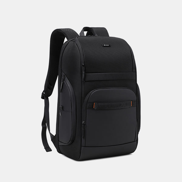 Black backpack on a light gray background