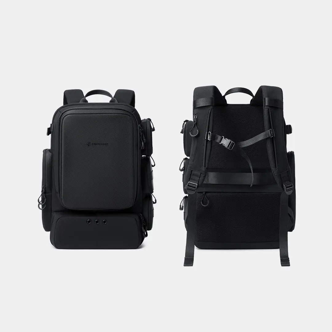 Load video: Black backpack with multiple compartments on a white background#color_black