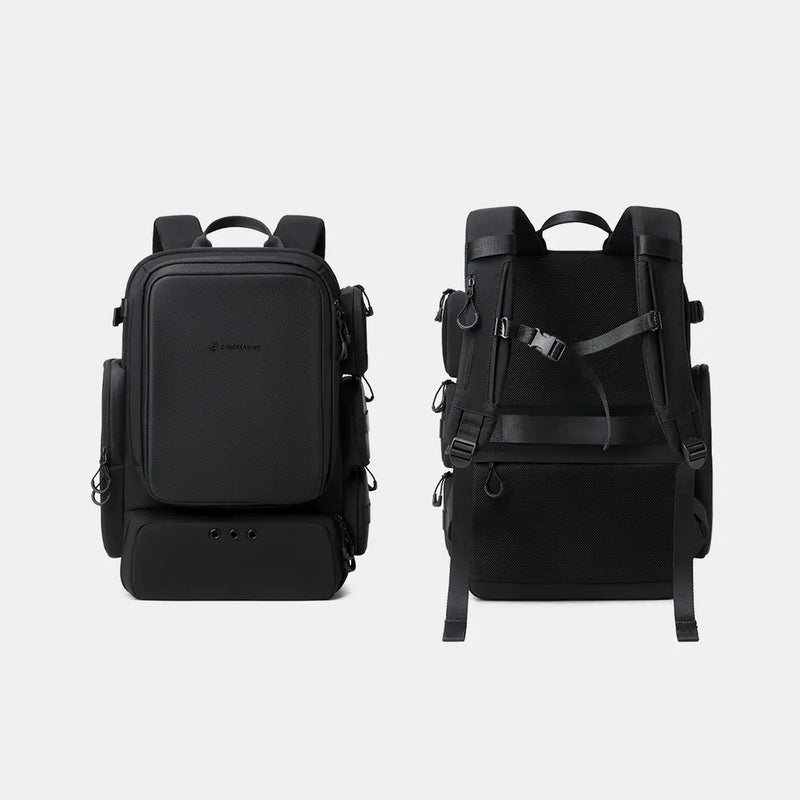 Black backpack with multiple compartments on a white background#color_black