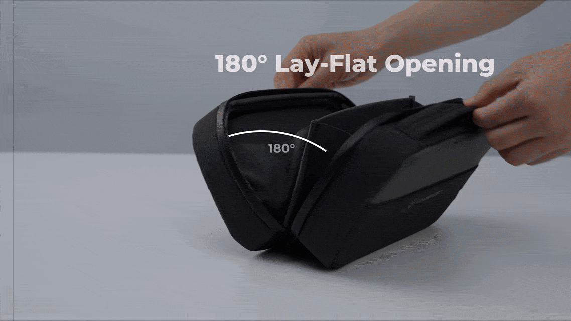 A video demonstrating the TechPouch fully unfolding to 180 degrees, revealing its large storage capacity.