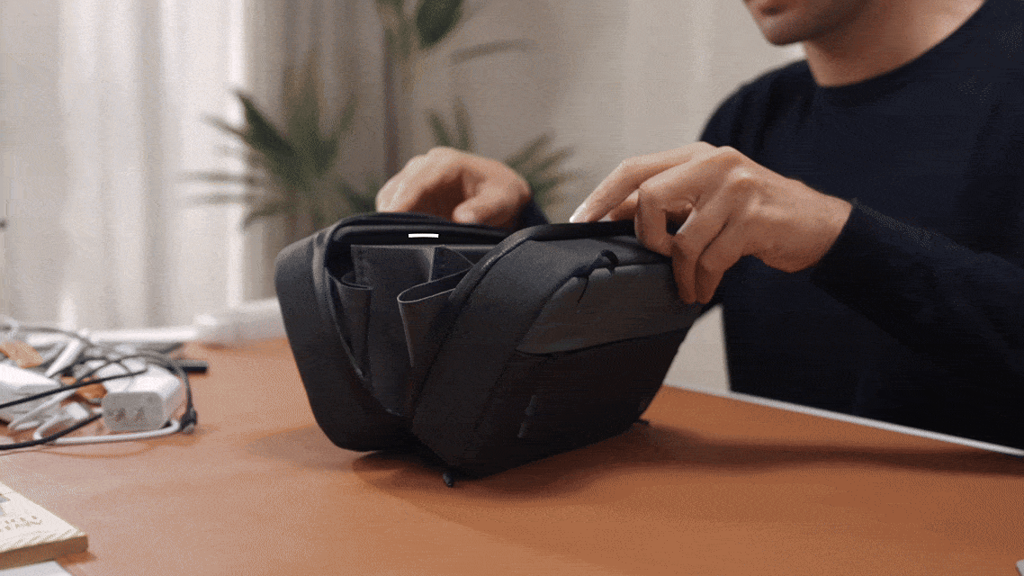 A video showcasing the modular design of the TechPouch digital organizer, highlighting customizable compartments and flexible storage options.
