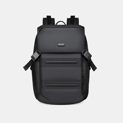 Black backpack on a light gray background