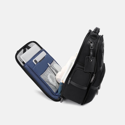 Black backpack with a blue interior pocket on a light gray background