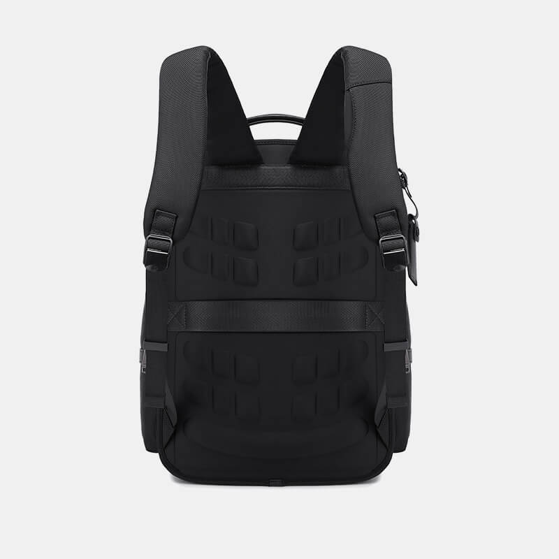 Black backpack with tactical design on a light gray background