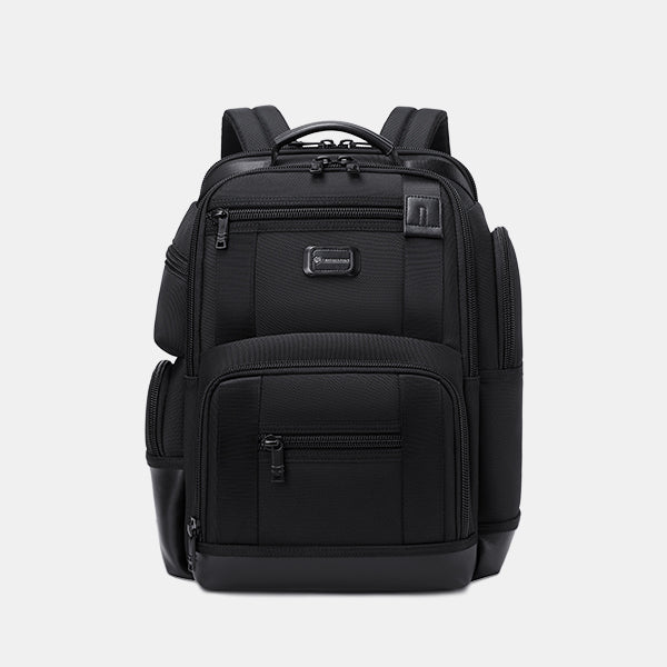 Black backpack on a light gray background