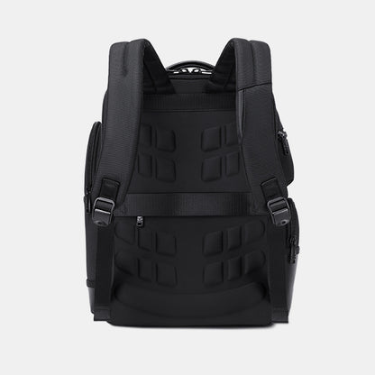 Black backpack with tactical design on a light gray background