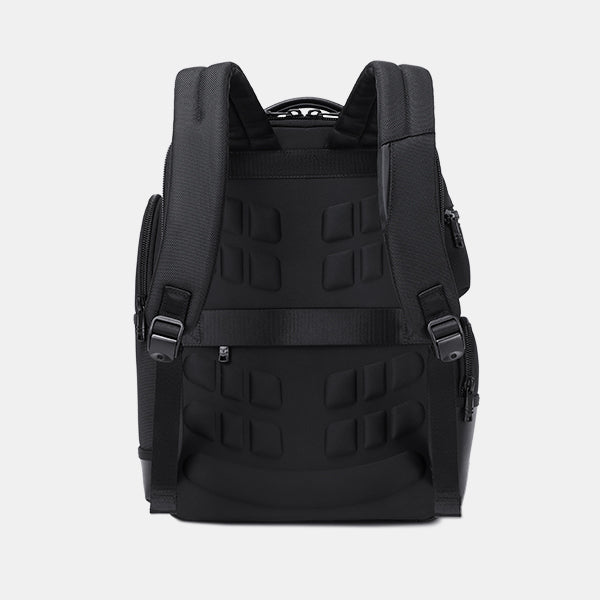 Black backpack with tactical design on a light gray background