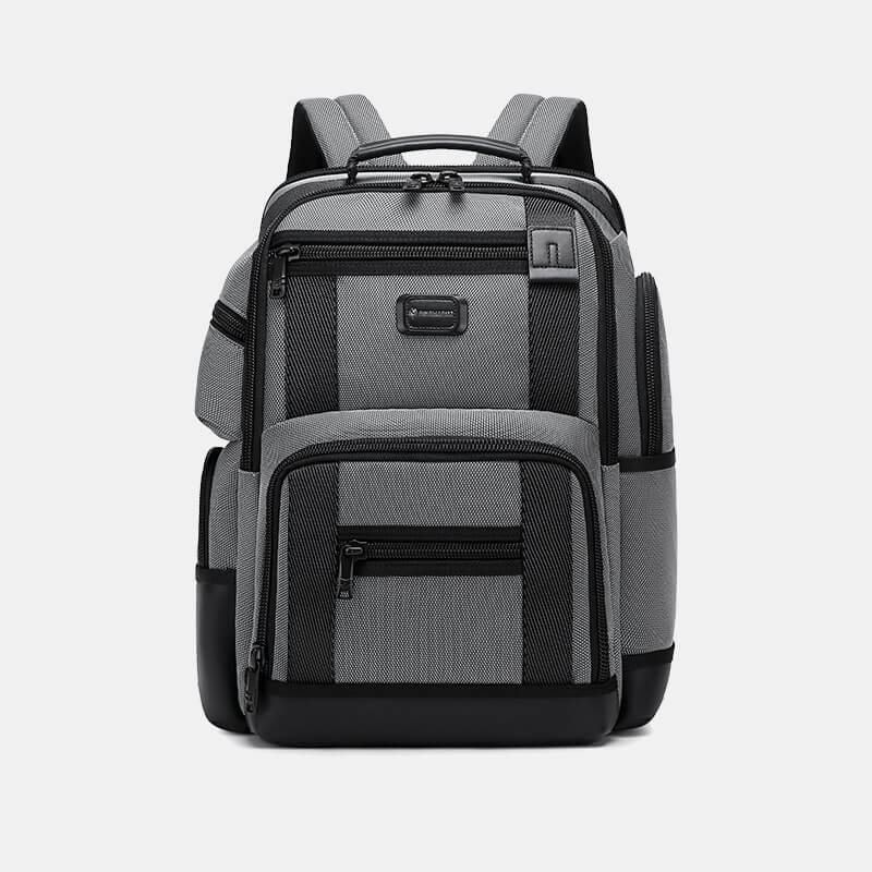 Gray and black backpack on a light gray background